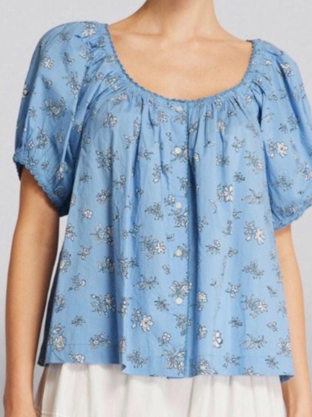 Doen Light Blue “Tennessee” Floral Peasant Top